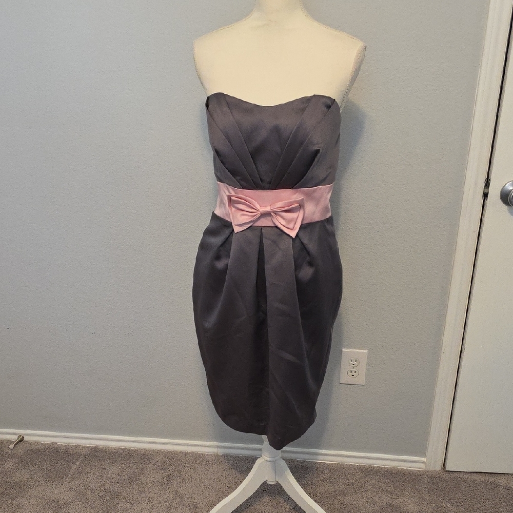 Alfred Angelo Strapless Gray Dress with Pink Accent